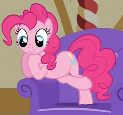 Size: 490x461 | Tagged: safe, screencap, pinkie pie, earth pony, pony, just for sidekicks, chair, cross legged, crossed hooves, cute, diapinkes, female, happy, looking down, mare, smiling, solo