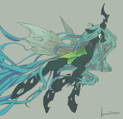 Size: 987x956 | Tagged: safe, artist:kuzumori, queen chrysalis, changeling, changeling queen, fangs, female, simple background, solo