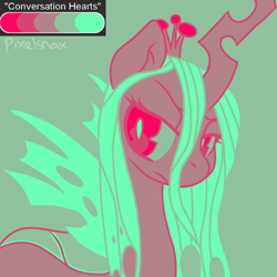 Size: 500x500 | Tagged: safe, artist:pixelsnax, queen chrysalis, bug pony, changeling, changeling queen, bust, conversation hearts, female, frown, limited palette, queen, solo, spread wings