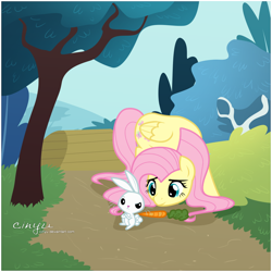 Size: 1000x1000 | Tagged: safe, artist:cinyu, angel bunny, fluttershy, pegasus, pony, rabbit, female, mare, pet, pink mane, yellow coat