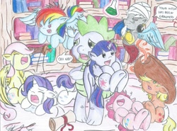 Size: 1477x1091 | Tagged: dead source, safe, artist:sparky40, derpibooru import, applejack, discord, fluttershy, pinkie pie, rainbow dash, rarity, spike, twilight sparkle, twilight sparkle (alicorn), alicorn, dragon, earth pony, pegasus, pony, unicorn, age regression, babity, baby, baby dash, baby pie, baby pony, babyjack, babylight sparkle, babyshy, crying, dialogue, diaper, female, filly, foal, frown, genie, genie discord, happy, laughing, mane seven, mane six, mare, now you fucked up, potion, sad, scroll, shocked, smiling, traditional art, wat, what were you thinking, wide eyes, wtf