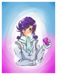 Size: 1600x2100 | Tagged: safe, artist:applestems, rarity, human, abstract background, blushing, clothes, female, gloves, humanized, scarf, solo, valentine's day