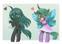 Size: 1407x1000 | Tagged: safe, artist:howxu, queen chrysalis, reversalis, anthro, changeling, changeling queen, blushing, boots, chibi, clothes, cute, cutealis, dress, duality, glasses, gloves, hands on face, heart, horn, licking, licking lips, shoes, skirt, tareme, tongue out, tsurime, wings