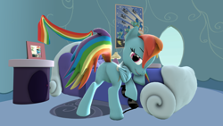 Size: 1920x1080 | Tagged: safe, artist:charlydasher, derpibooru import, rainbow dash, pegasus, pony, 3d, bedroom eyes, featureless crotch, female, like what you see?, morning, plot, presenting, rainbow dash's house, rainbutt dash, raised tail, rear, smiling, solo, source filmmaker, tail, we don't normally wear clothes