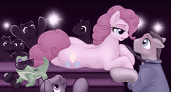 Size: 1024x555 | Tagged: dead source, safe, artist:arareroll, gummy, pinkie pie, oc, earth pony, pony, bedroom eyes, clothes, eyeshadow, floppy ears, glasses, me gusta, necktie, shirt, smiling, stun gun, sunglasses, whistling