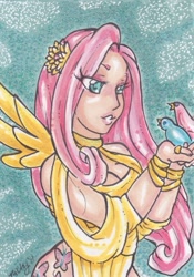 Size: 473x675 | Tagged: safe, artist:nickyflamingo, fluttershy, humanized, traditional art, winged humanization