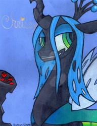 Size: 1024x1330 | Tagged: safe, artist:spinningsanity, queen chrysalis, changeling, changeling queen, bust, portrait, solo, traditional art, watermark