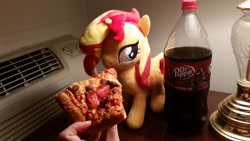 Size: 3264x1836 | Tagged: safe, artist:onlyfactory, sunset shimmer, pony, bootleg, brony, dr pepper, feeding, food, irl, meat, pepperoni, pepperoni pizza, photo, pizza, plushie, ponies eating meat, soda, waifu dinner