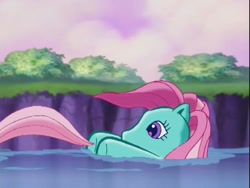 Size: 640x480 | Tagged: safe, minty, pinkie pie, earth pony, pony, g3, the runaway rainbow, drowning, river, tail, water, waterfall