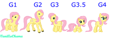 Size: 2396x768 | Tagged: safe, artist:colossalstinker, artist:vanillachama, fluttershy, posey, pegasus, pony, g1, g2, g3, g3.5, g4, comparison, g1 to g4, g4 to g1, g4 to g2, g4 to g3, g4 to g3.5, generation leap, wingless