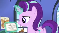 Size: 1100x618 | Tagged: safe, screencap, starlight glimmer, pony, every little thing she does, card, female, mare, plot, starlight's room