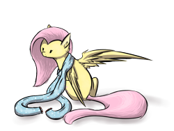 Size: 1200x900 | Tagged: safe, artist:nos-talgia, fluttershy, pegasus, pony, clothes, fluffy, looking back, scarf, simple background, sitting, smiling, solo, spread wings, transparent background