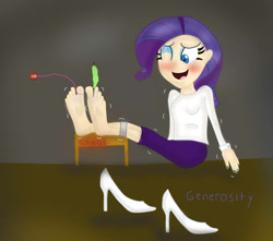 Size: 1732x1530 | Tagged: safe, artist:captainbasilisx, rarity, barefoot, feather, feet, high heels, humanized, shoes, thread, tickle torture, tickling