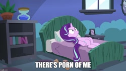 Size: 888x499 | Tagged: safe, edit, edited screencap, screencap, starlight glimmer, pony, unicorn, every little thing she does, bed, female, image macro, mare, meme, meta, on back, pillow, porn, realization, solo, starlight bedridden