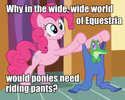 Size: 960x767 | Tagged: safe, gummy, pinkie pie, earth pony, pony, clothes, image macro, pants, riding pants