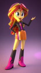 Size: 1080x1920 | Tagged: safe, artist:creatorofpony, sunset shimmer, equestria girls, /mlp/, 3d, 3d model, blender, boots, clothes, jacket, shirt, skirt, smiling, solo, standing