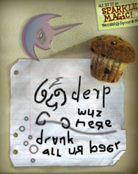 Size: 356x450 | Tagged: safe, artist:ponyweed, derpy hooves, pegasus, pony, beer, derp, donnie darko, female, i emptied your fridge, kilroy was here, letter, magnet, mare, muffin, nightmare night, nightmare night symbol, note, ominous, parody, refrigerator, writing