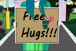 Size: 1510x1008 | Tagged: safe, artist:szabobali, queen chrysalis, changeling, changeling queen, free hugs, heart, holiday, sign, solo, valentine's day