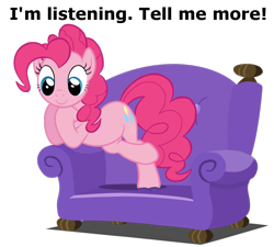 Size: 890x800 | Tagged: safe, pinkie pie, earth pony, pony, just for sidekicks, image macro, listening, sofa