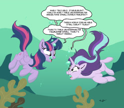 Size: 1967x1707 | Tagged: safe, artist:jbwarner86, starlight glimmer, twilight sparkle, twilight sparkle (alicorn), alicorn, pony, unicorn, every little thing she does, dialogue, duo, duo female, female, gurgling, mare, speech bubble, underwater