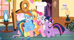 Size: 900x492 | Tagged: safe, derpibooru import, screencap, applejack, fluttershy, pinkie pie, rainbow dash, rarity, twilight sparkle, twilight sparkle (alicorn), alicorn, earth pony, pegasus, pony, unicorn, maud pie (episode), chef's hat, female, goggles, hat, mane six, mare, rock candy, rock necklace