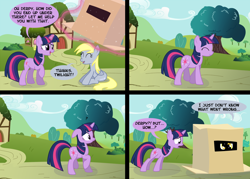 Size: 1750x1250 | Tagged: safe, artist:countdoofus, derpy hooves, twilight sparkle, unicorn twilight, pegasus, pony, unicorn, cardboard box, comic, female, gameloft, i just don't know what went wrong, magic, mare, telekinesis