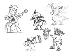 Size: 1000x752 | Tagged: safe, artist:mickeymonster, derpy hooves, pony, aku aku, bipedal, boggy b, crash bandicoot, crossover, doctor neo cortex, guitar, monochrome, musical instrument, sketch, sketch dump, spyro the dragon, traditional art, worms (video game)