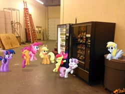 Size: 3264x2448 | Tagged: safe, artist:ojhat, apple bloom, applejack, derpy hooves, pinkie pie, scootaloo, sweetie belle, twilight sparkle, earth pony, pegasus, pony, cutie mark crusaders, female, ladder, mare, ponies in real life, trash can, vending machine