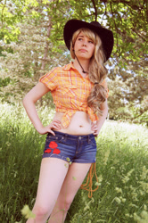 Size: 3264x4912 | Tagged: safe, artist:koneco-chan, applejack, human, belly button, clothes, cosplay, front knot midriff, irl, irl human, midriff, mouth hold, photo, shorts, solo, straw