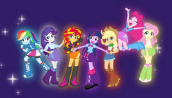 Size: 816x468 | Tagged: safe, artist:baekgup, applejack, fluttershy, pinkie pie, rainbow dash, rarity, sunset shimmer, twilight sparkle, twilight sparkle (alicorn), alicorn, equestria girls, balloon, beautiful, boots, bracelet, clothes, cowboy hat, glow, hand on head, happy, hat, high heel boots, humane seven, jewelry, jumping, looking at you, mane six, open mouth, silhouette six-seven, skirt, smiling