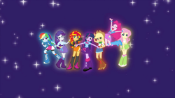 Size: 1024x576 | Tagged: safe, artist:baekgup, applejack, fluttershy, pinkie pie, rainbow dash, rarity, sunset shimmer, twilight sparkle, twilight sparkle (alicorn), alicorn, equestria girls, clothes, denim skirt, humane seven, mane six, skirt