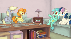 Size: 4108x2272 | Tagged: safe, artist:robynne, bon bon, carrot top, derpy hooves, golden harvest, lyra heartstrings, sweetie drops, book, sitting, tea