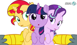 Size: 2647x1541 | Tagged: safe, artist:arifproject, gabby, starlight glimmer, sunset shimmer, twilight sparkle, griffon, pony, unicorn, cute, female, filly, filly starlight glimmer, filly sunset shimmer, filly twilight sparkle, glimmerbetes, looking at you, offscreen character, open mouth, shimmerbetes, simple background, transparent background, twiabetes, twilight's counterparts