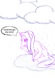 Size: 876x1239 | Tagged: safe, artist:alixnight, starlight glimmer, pony, unicorn, every little thing she does, dialogue, female, mare, raised hoof, sitting, solo, speech bubble, stormcloud, wet mane