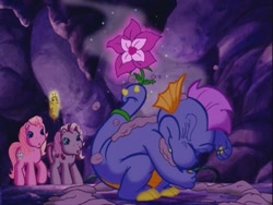 Size: 640x480 | Tagged: safe, screencap, master kenbroath gilspotten heathspike, pinkie pie, spike, wysteria, zipzee, dragon, earth pony, pony, g3, the princess promenade, cave, dirt, flower, slime, smell, smelly, vine