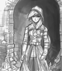 Size: 800x913 | Tagged: safe, artist:johnjoseco, applejack, human, dark souls, grayscale, humanized, monochrome, parody, wanderer