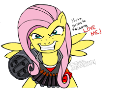 Size: 800x600 | Tagged: safe, artist:zev, fluttershy, pegasus, pony, evil grin, flutterrage, grin, heavy weapons guy, heavyshy, holy shit, looking at you, simple background, smiling, solo, team fortress 2, transparent background, you're going to love me