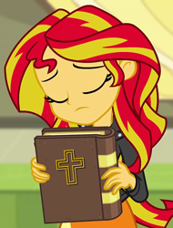 Size: 548x720 | Tagged: safe, edit, edited screencap, screencap, sunset shimmer, equestria girls, rainbow rocks, bible, book, christian sunset shimmer, christianity, cropped, religious, sad