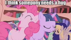 Size: 853x480 | Tagged: safe, derpy hooves, pinkie pie, twilight sparkle, pegasus, pony, female, image macro, mare