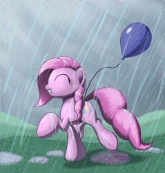 Size: 1700x1776 | Tagged: safe, artist:grennadder, pinkie pie, earth pony, pony, balloon, rain, solo, wet mane