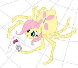 Size: 850x750 | Tagged: safe, artist:equestria-prevails, angel bunny, fluttershy, original species, spider, implied hard vore, implied vore, simple background, species swap, spider web, spidershy, transparent background