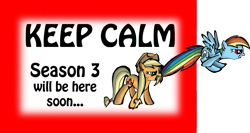 Size: 682x364 | Tagged: safe, artist:labba94, applejack, rainbow dash, earth pony, pegasus, pony, blonde mane, blue coat, blue wings, duo, female, mare, multicolored mane, orange coat, wings