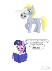 Size: 855x1166 | Tagged: safe, artist:shieltar, derpy hooves, twilight sparkle, pegasus, pony, book, female, football, mare, sports