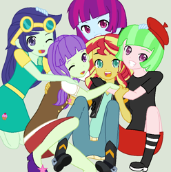 Size: 792x800 | Tagged: safe, artist:imtailsthefoxfan, blueberry cake, drama letter, mystery mint, starlight, sunset shimmer, watermelody, equestria girls, anime, background human, beret, cute, dramabetes, group, group hug, hat, mysterybetes, quintet, shimmerbetes