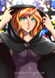 Size: 712x1000 | Tagged: safe, artist:polarityplus, sunset shimmer, human, cloak, clothes, horned humanization, humanized, solo