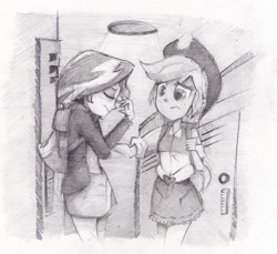 Size: 1878x1722 | Tagged: safe, artist:ilacavgbmjc, applejack, sunset shimmer, equestria girls, rainbow rocks, fanfic art, grayscale, monochrome, the devil inside, tired, traditional art