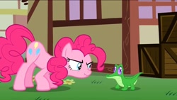 Size: 1136x640 | Tagged: safe, screencap, gummy, pinkie pie, earth pony, pony, party of one, scrunchy face