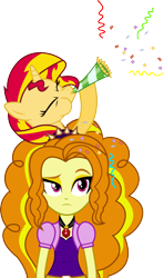 Size: 1500x2526 | Tagged: safe, artist:mit-boy, adagio dazzle, sunset shimmer, pony, unicorn, equestria girls, confetti, hammerspace hair, party, party horn, pony hat