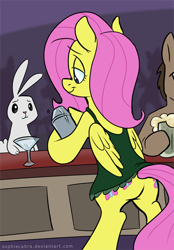 Size: 488x700 | Tagged: safe, artist:spainfischer, angel bunny, fluttershy, pegasus, pony, bartender, plot