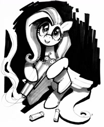 Size: 1280x1563 | Tagged: source needed, useless source url, safe, artist:vombavr, fluttershy, pegasus, pony, gun, looking at you, looking up, monochrome, shotgun, solo, weapon